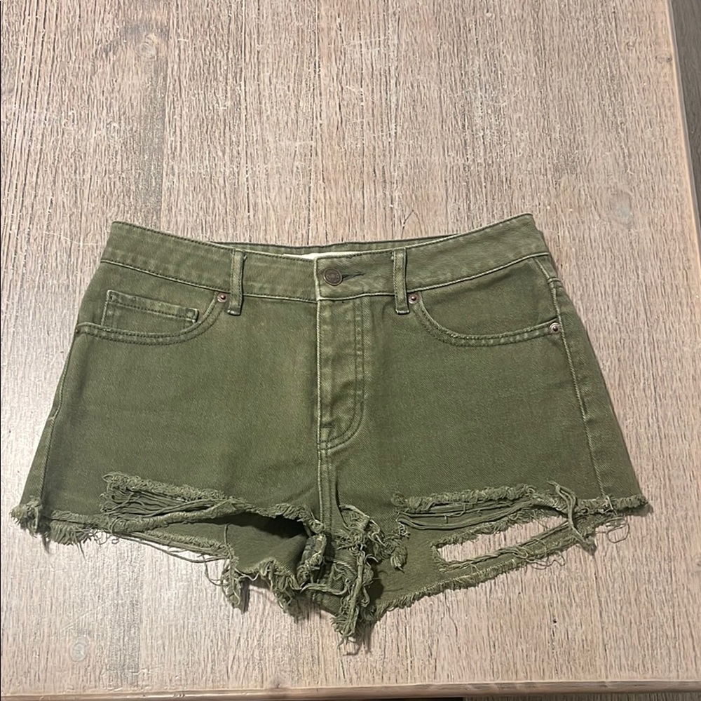 Brandy Melville Olive Green Jean Shorts Distressed Cut-Off Size 28